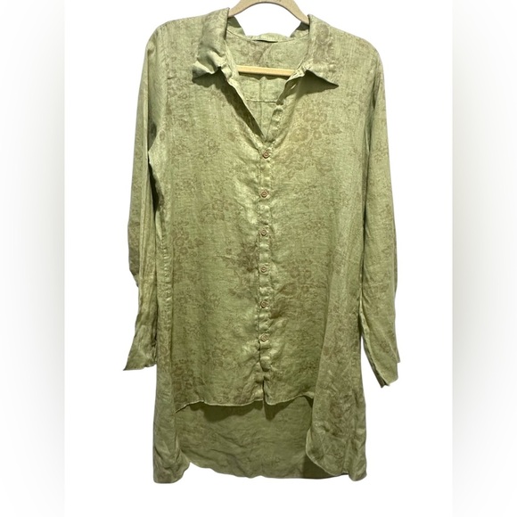 CP Shades Sage Green Beige Floral 100% Linen Tunic Dress size M - Picture 1 of 7